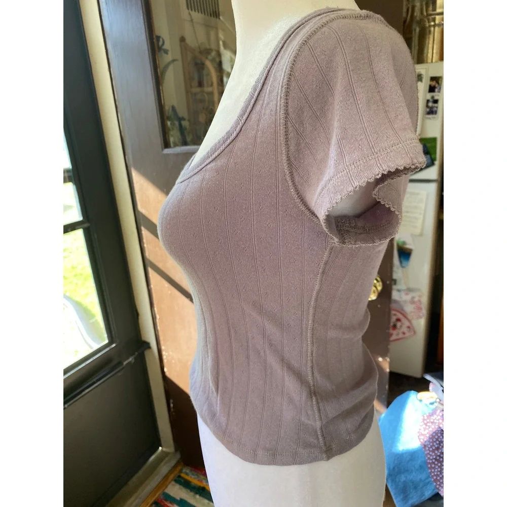 Free People Pointelle Purple Ribbed Crop Top Baby‎ Tee XS Boho Romantic Ballet